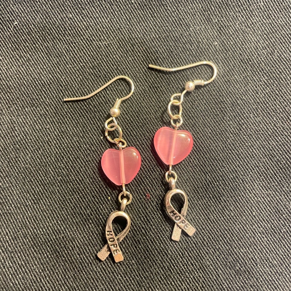 Pink and Silver Dangle Earrings with Heart Beads and Ribbon Charms